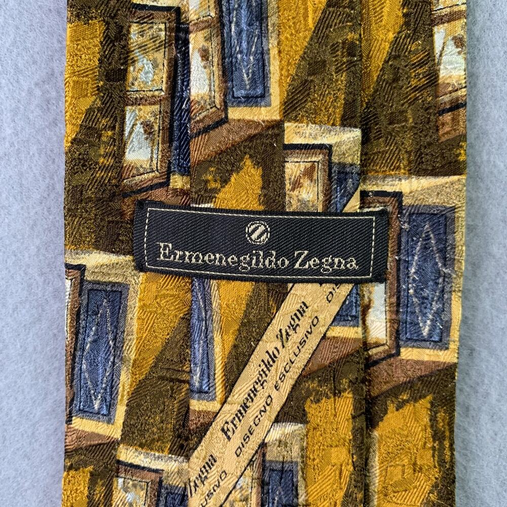 Ermenegildo Zegna Neck Tie Silk Gold Blue Geometric Windows Made In Italy Mens